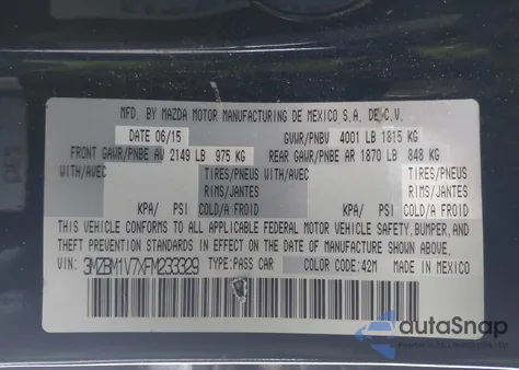 2015 Mazda Mazda3 I Touring z USA, uszkodzony, nr VIN 3MZBM1V7XFM233329